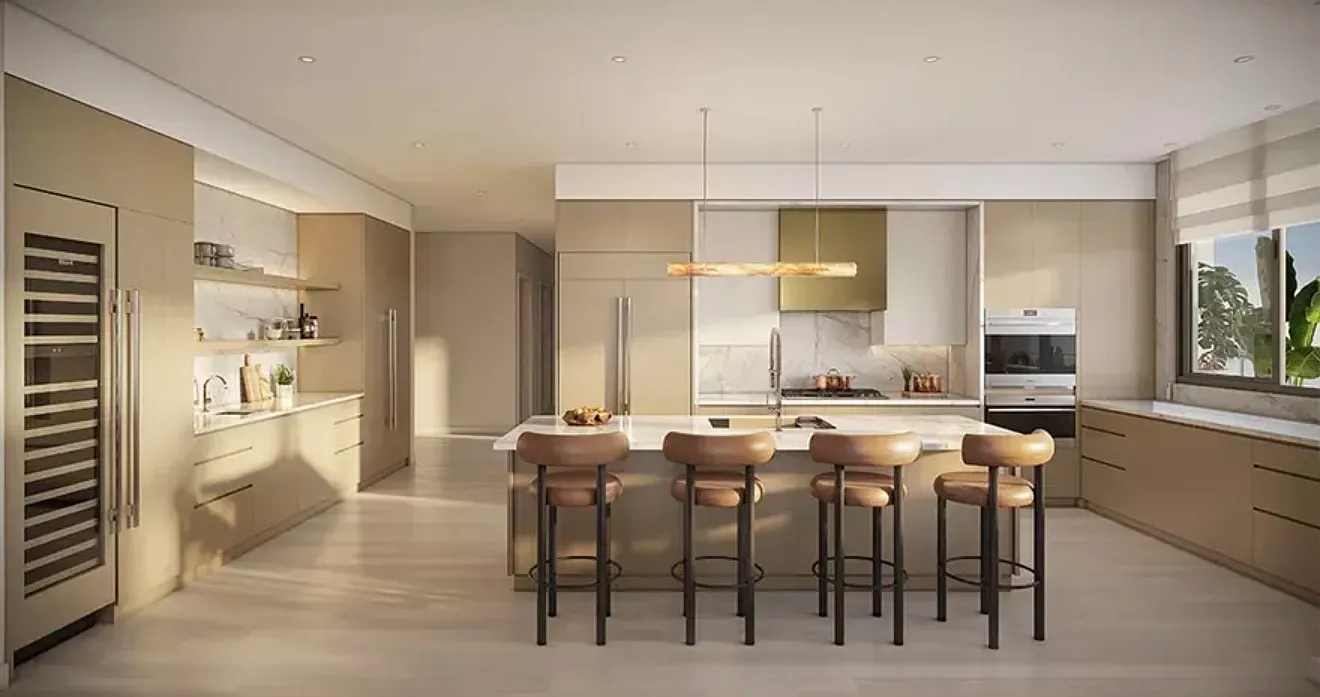 Kitchen with wine storage and island seating